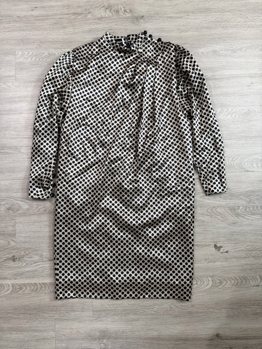 Albert Nipon Silk Vintage Polka Dot Long Sleeve Shift Dress - Black and Cream
